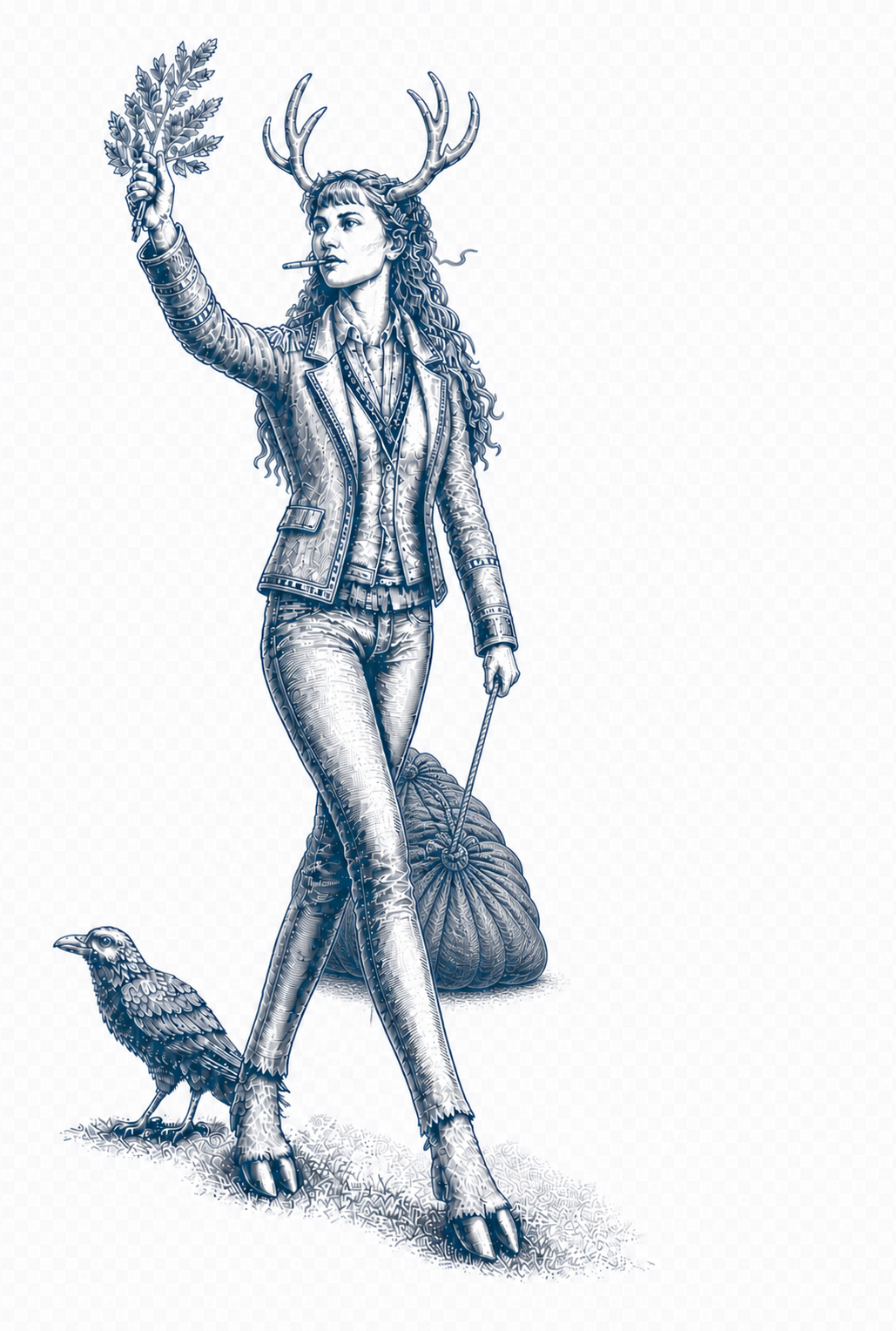 Blue-steel engraved illustration of Deer Lady walking forward with antlers, cloven hooves, a raven, and a heavy burden trailing behind her