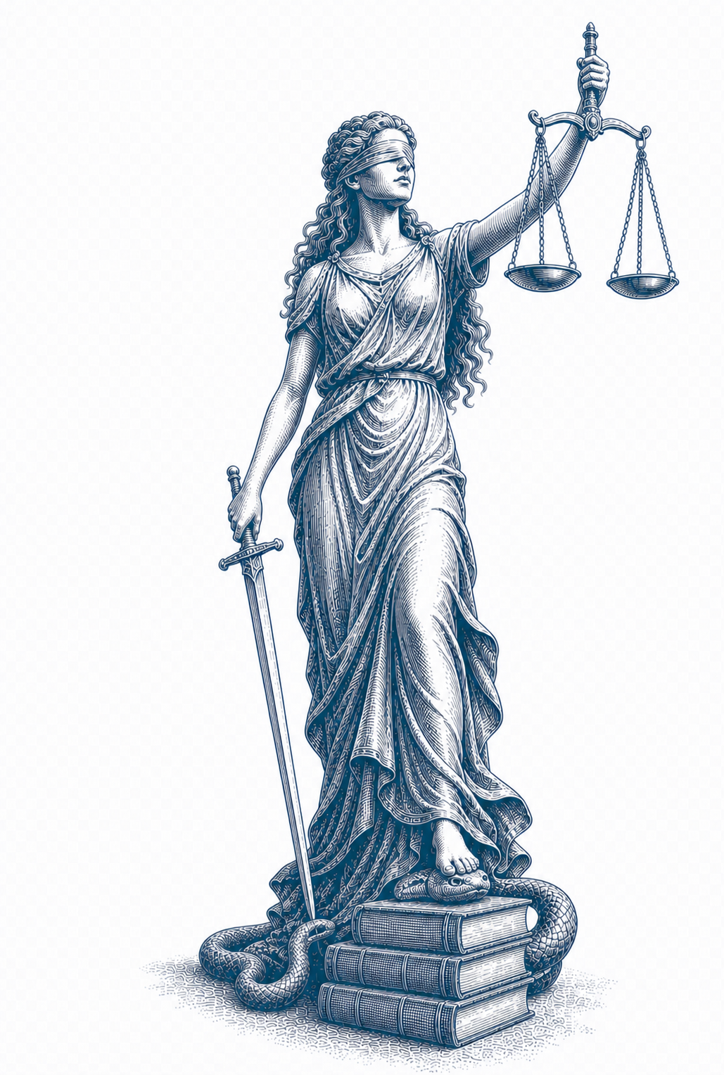 Blue-steel engraved illustration of Lady Justice holding a sword and balanced scales while pinning a snake's head on a stack of law books